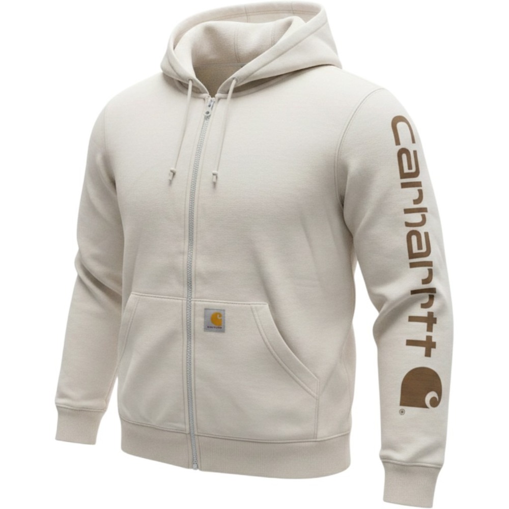 Carhartt Boys Cream Full Zip Hoodie‎ Sleeve Logo Sweatshirt Size L 14-16
